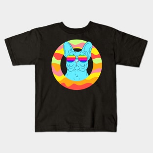 Funny blue hipster blue Frenchie dog with rainbow shades in a donut. French bulldog cartoon. Gift ideas for Frenchie lovers. Kids T-Shirt